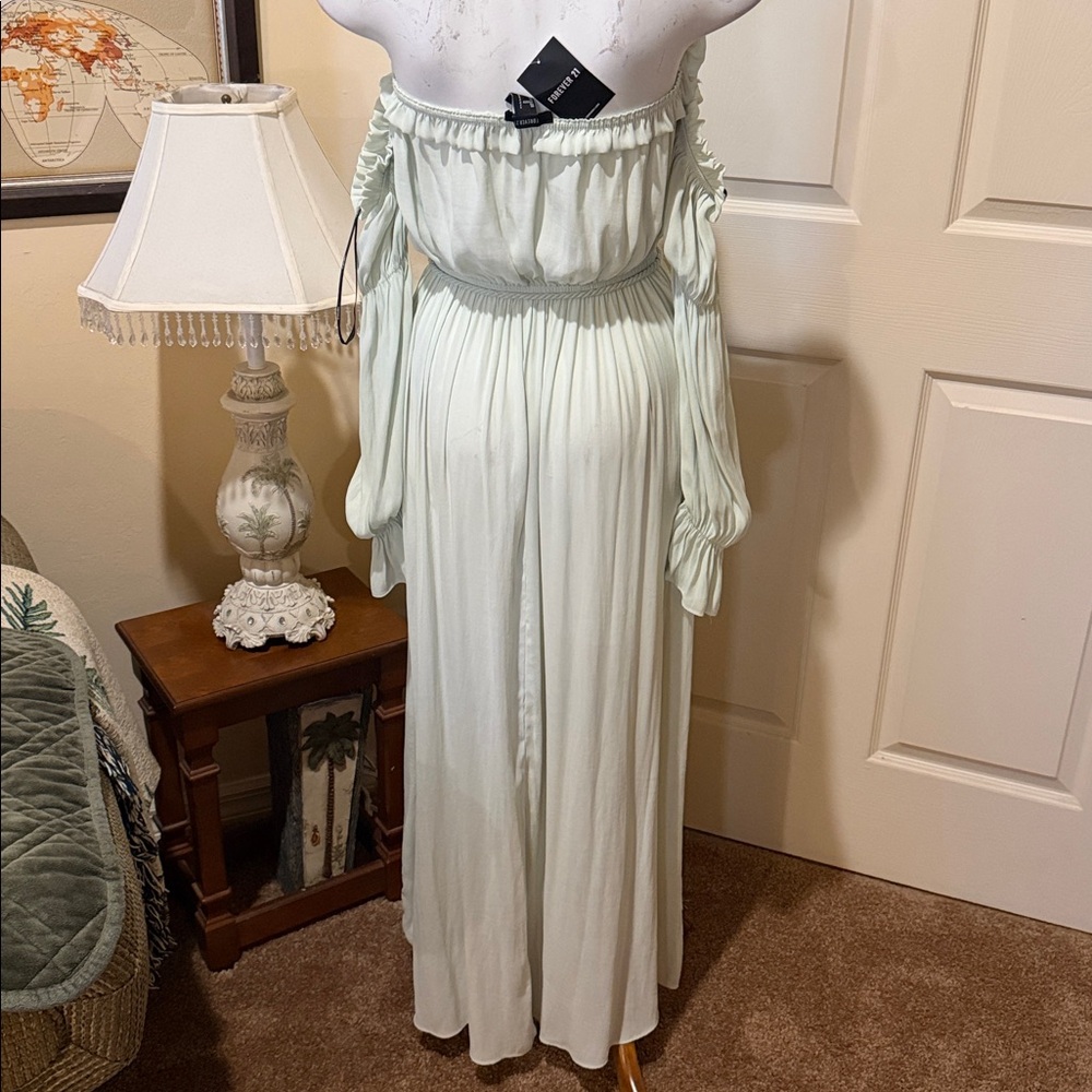 Forever 21 Off Shoulder Seafoam Maxi Dress Small Sheer Wrap NWT - Picture 9 of 14
